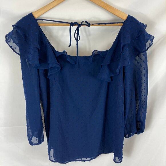 NWT Gibsonlook Pindot Ruffle Navy Blouse size XS - Picture 6 of 6